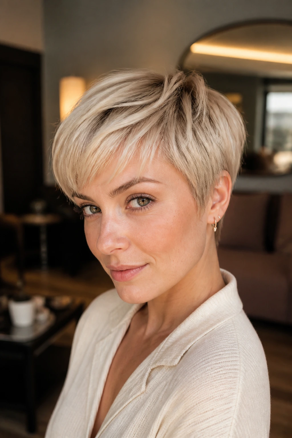 Real woman with creamy beige pixie blonde and subtle shadow root in warm indoor light