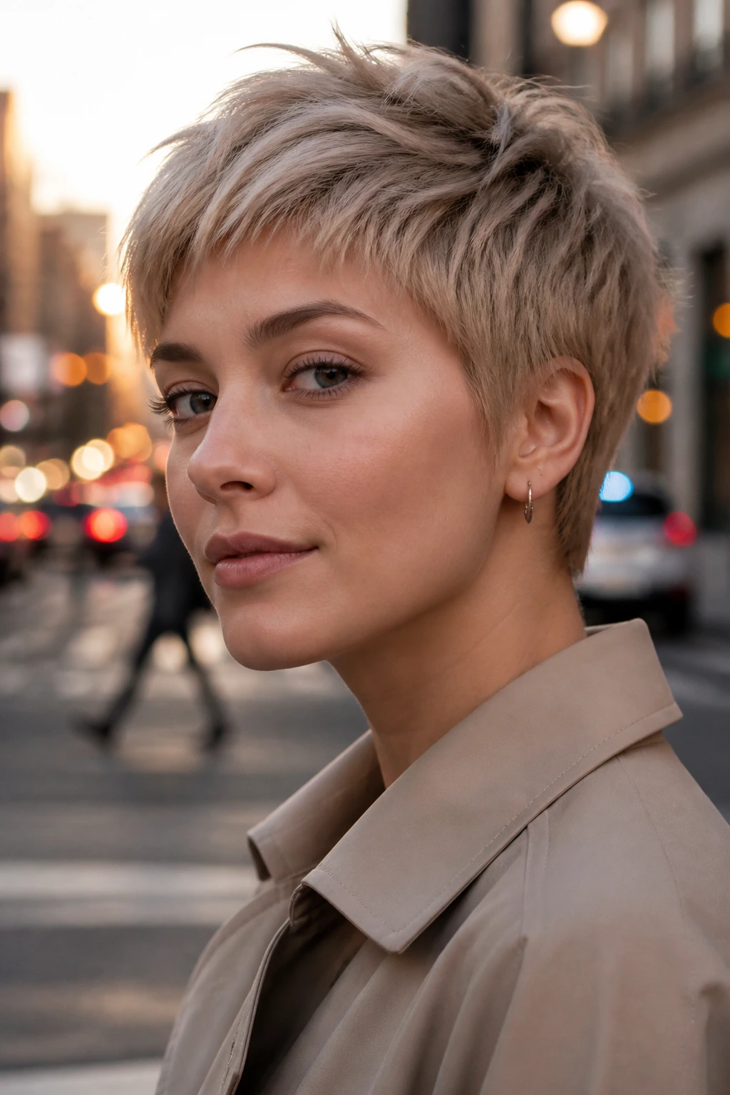 Close-up of a real person with a beige pixie crop, showcasing a cool, polished tone.