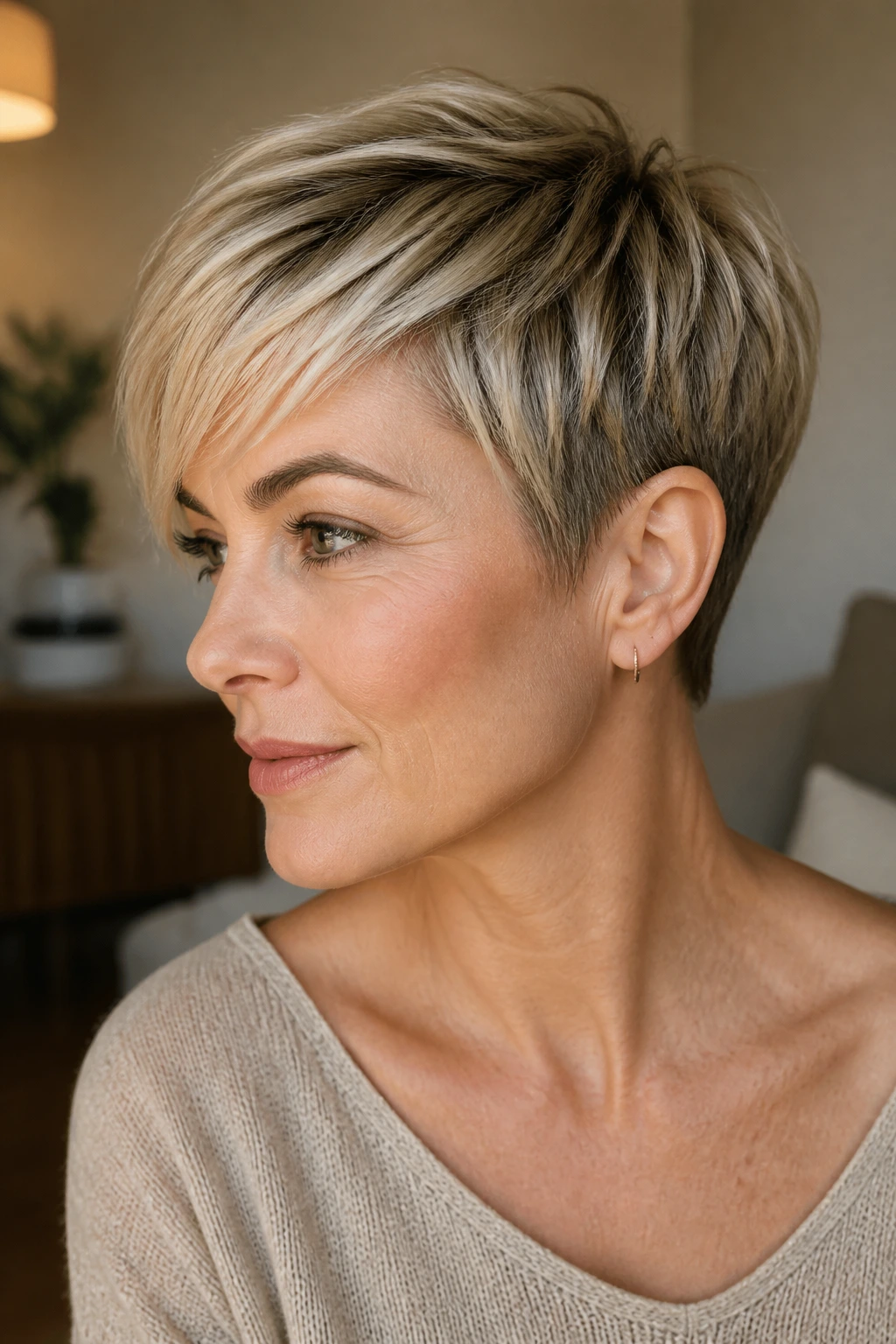 Portrait of a woman with rooted beige blonde pixie and soft root shadow.