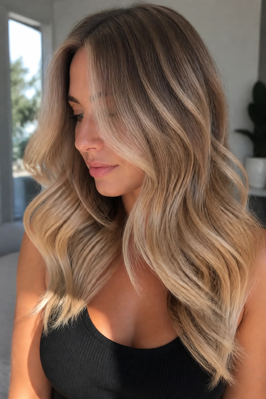 Close-up of a real woman with beige ribbons in balayage and champagne ends.