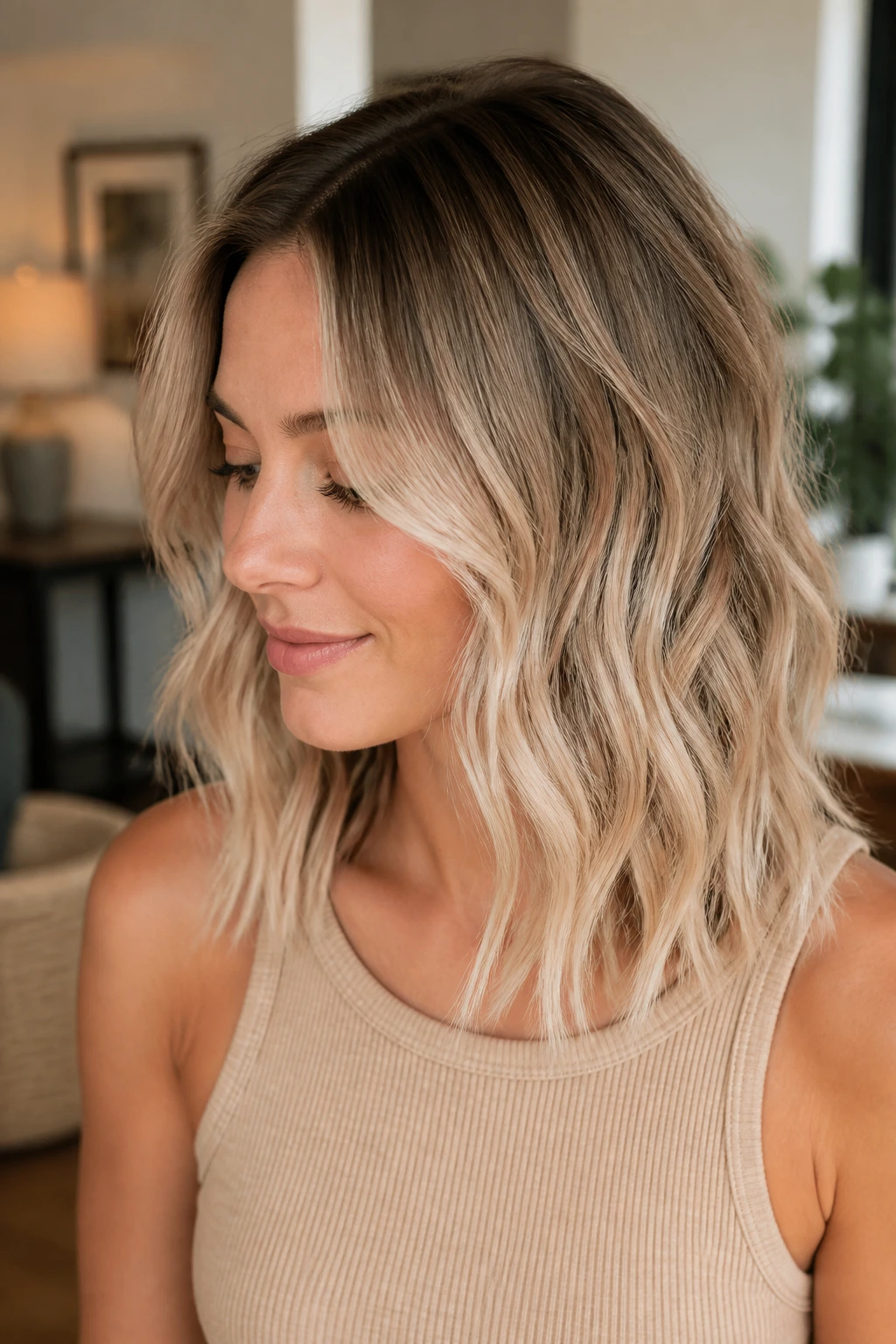 Close-up of beige blonde root melt with airy ends on medium-length waves