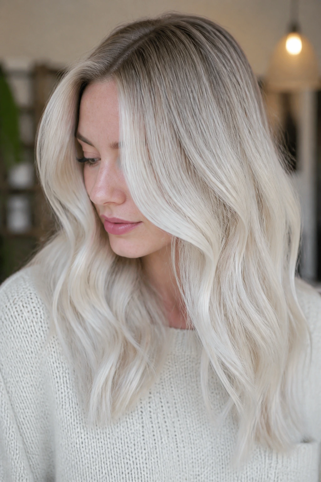 Real woman with beige-rooted platinum hair and a soft grow-out line.