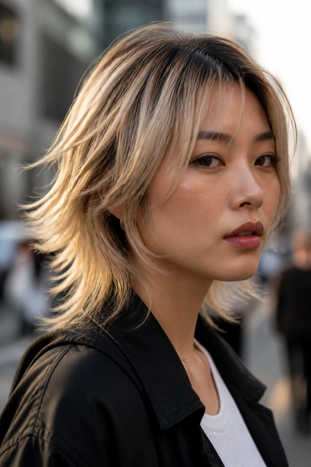 Close-up of a real woman with beige-rooted wolf cut in natural light