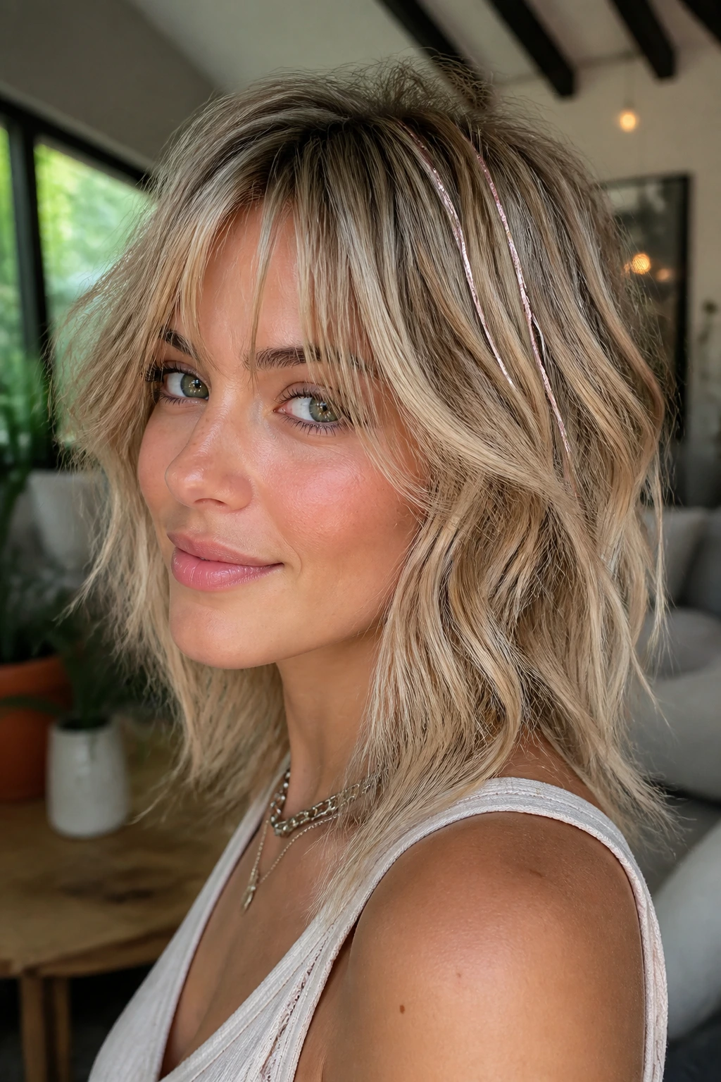 Close-up of a real woman with beige shag and ribbons woven through waves