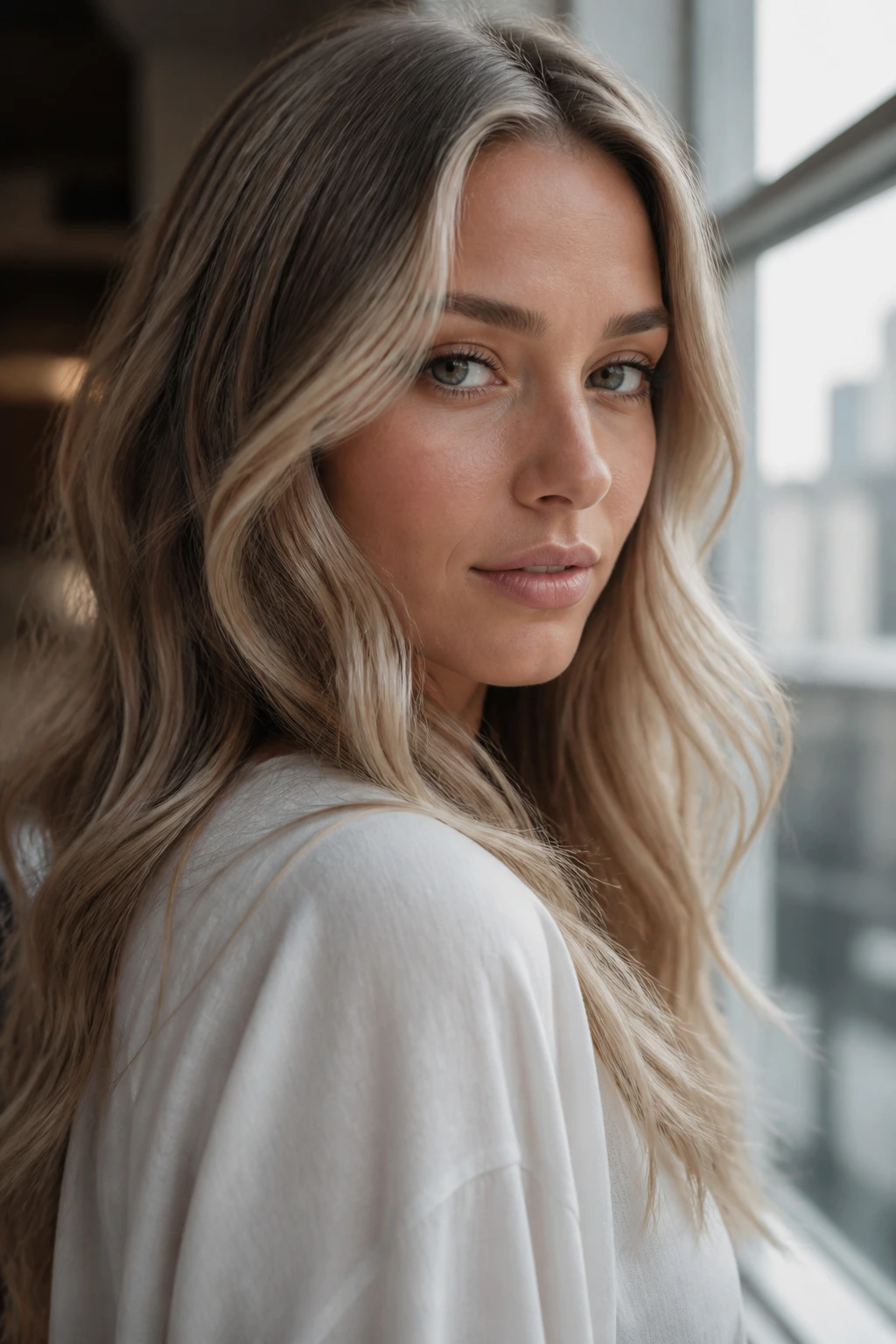 Close-up portrait of a real person with beige, smoke, and cream hair tones in natural light