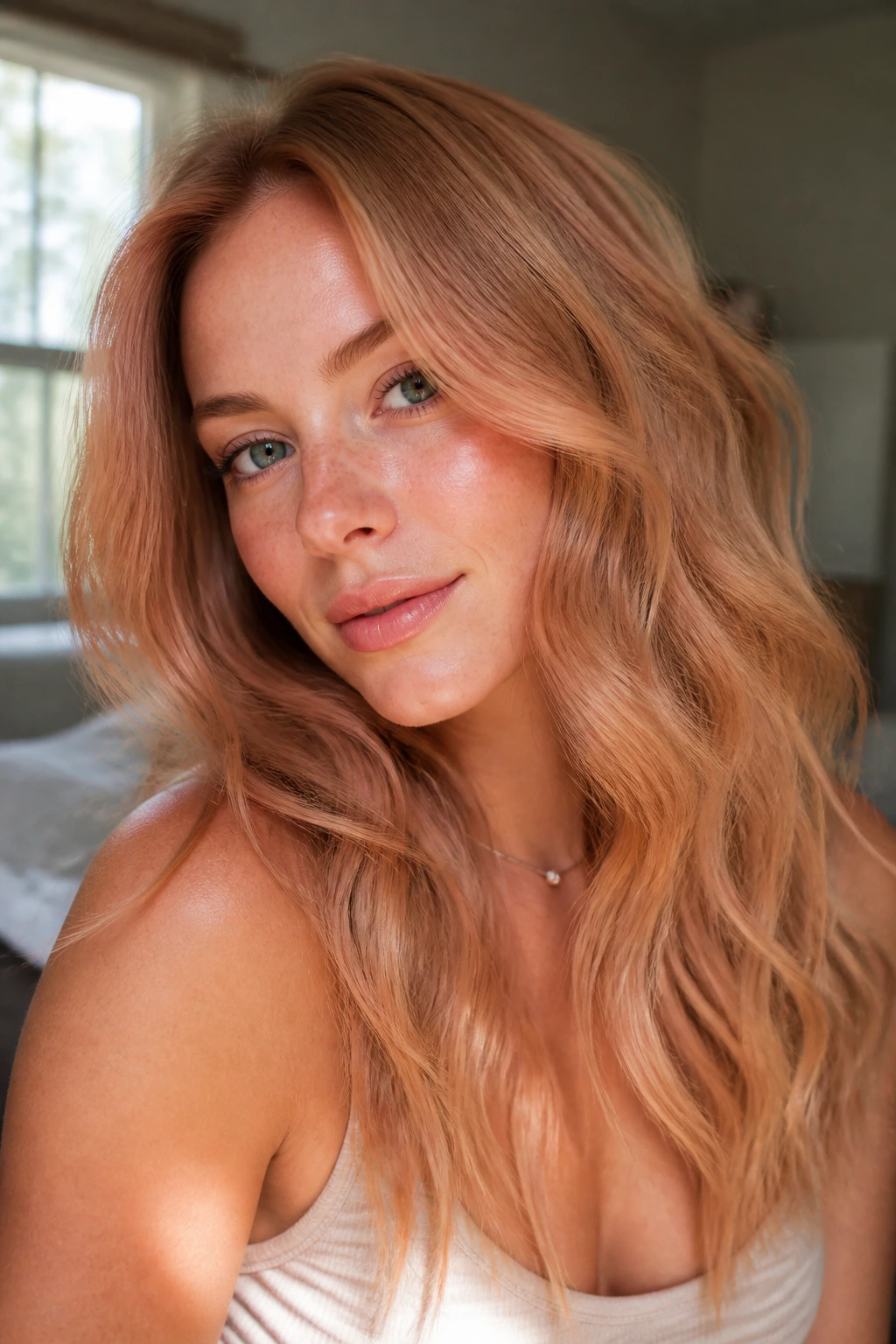 Close-up of a real person with beige strawberry blonde hair in soft waves by a window.