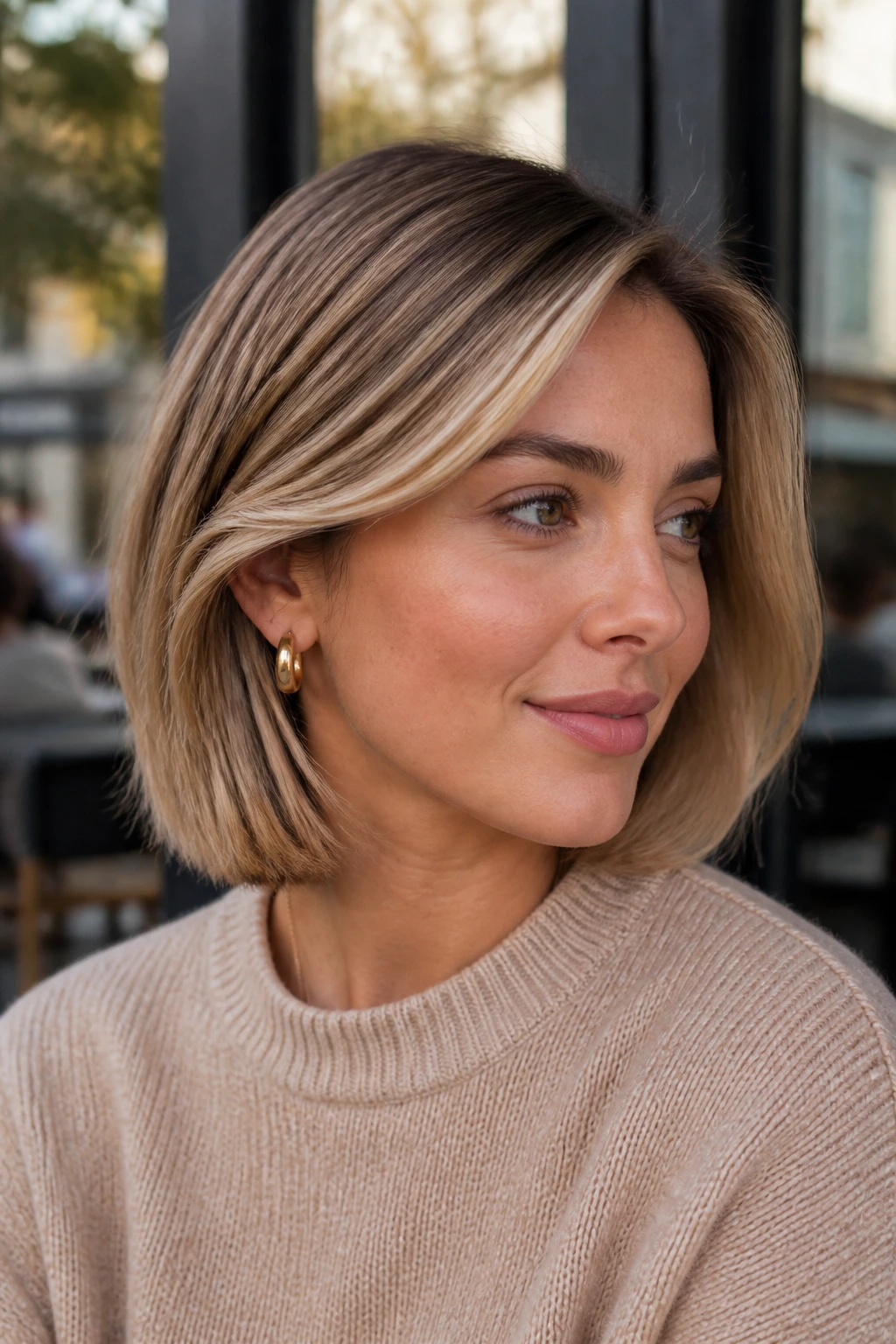 Close-up of a real woman with beige toffee blonde bob