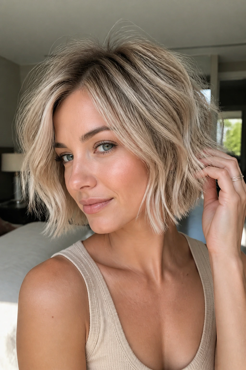 Portrait of a real woman with beige tousled bob in a softly lit bedroom