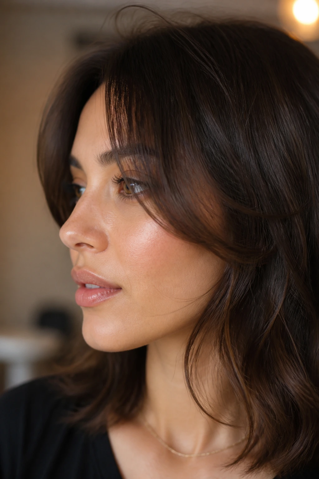 Close-up of real person with curtain bangs bent toward the cheeks, not flipped.