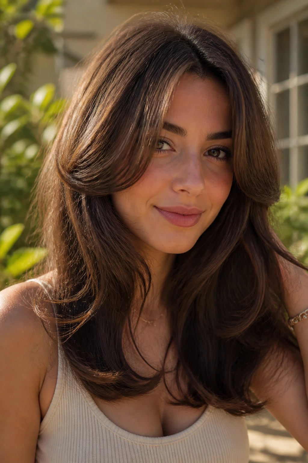 Close-up of a real woman with bendy blowout and curtain layers Frizzy thick hair