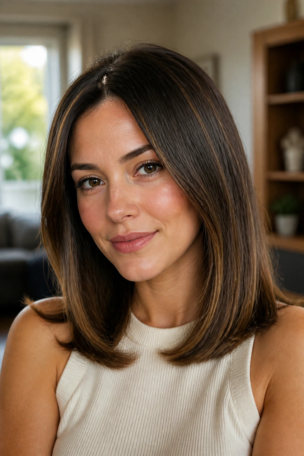 Close-up portrait of a real woman with a bendy-end blowout hairstyle at medium length
