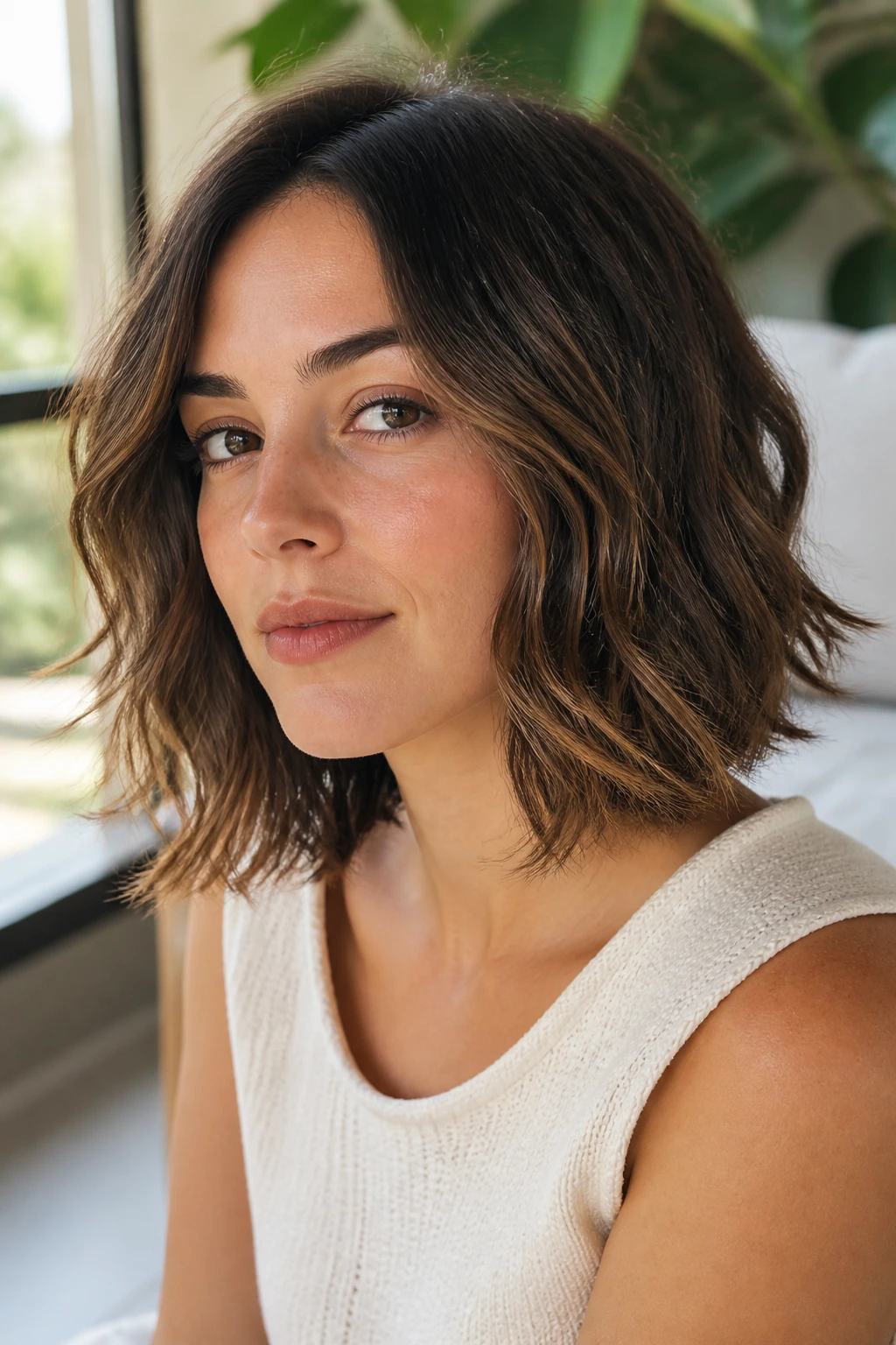 Close-up of a real woman with Bent-End Lob Waves showing gently flipped ends