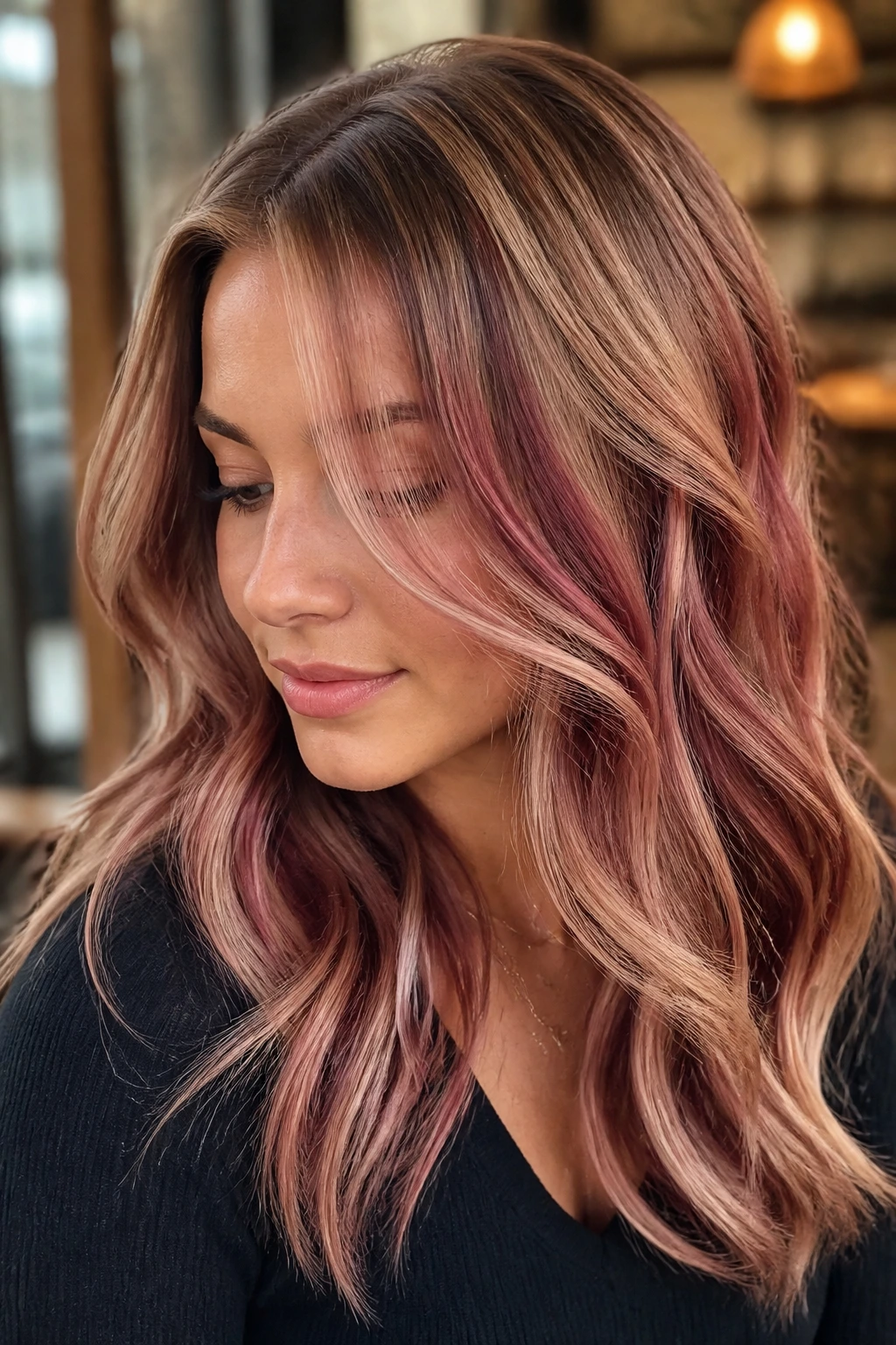 Real woman with beige highlights and berry lowlights adding depth