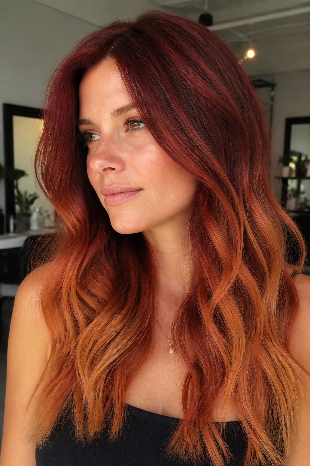 Portrait of woman with rooted berry melt red hair gradient