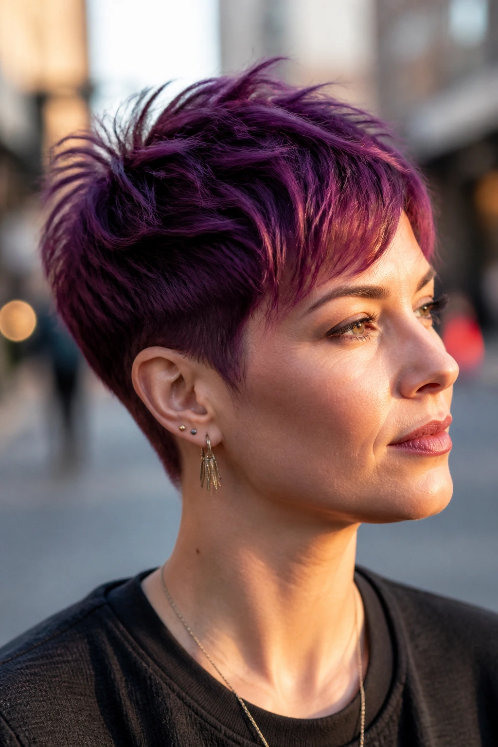Close-up of a real woman with a berry-purple textured pixie hairstyle