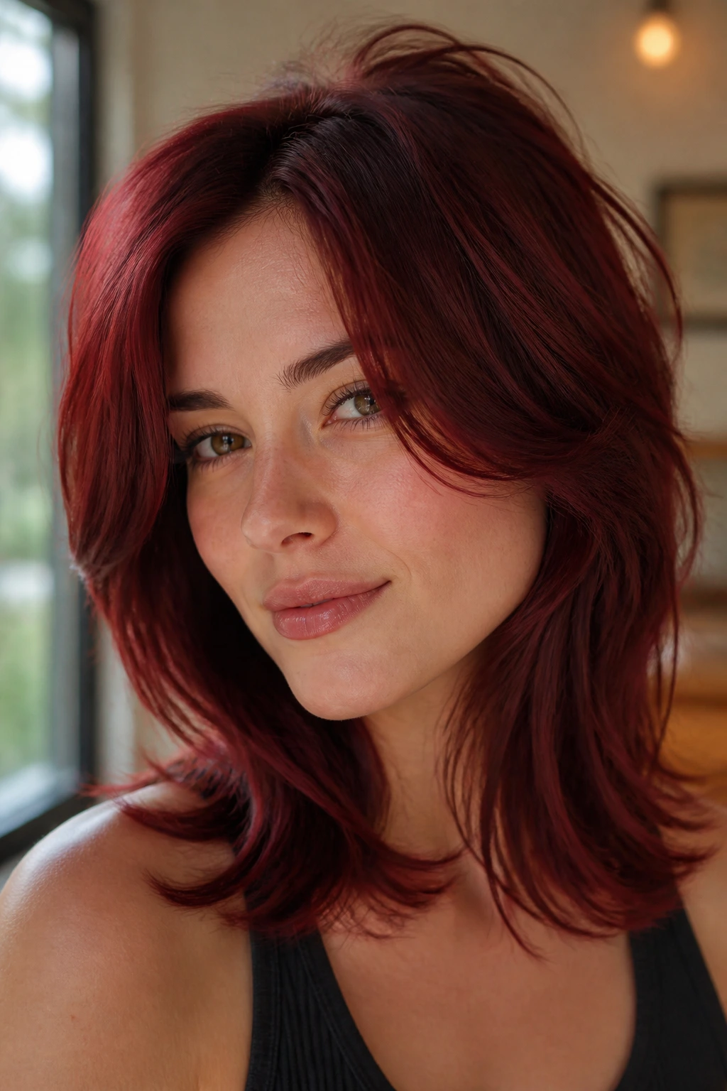 Close-up of Berry Red Feathered Cut on a real woman with airy ends