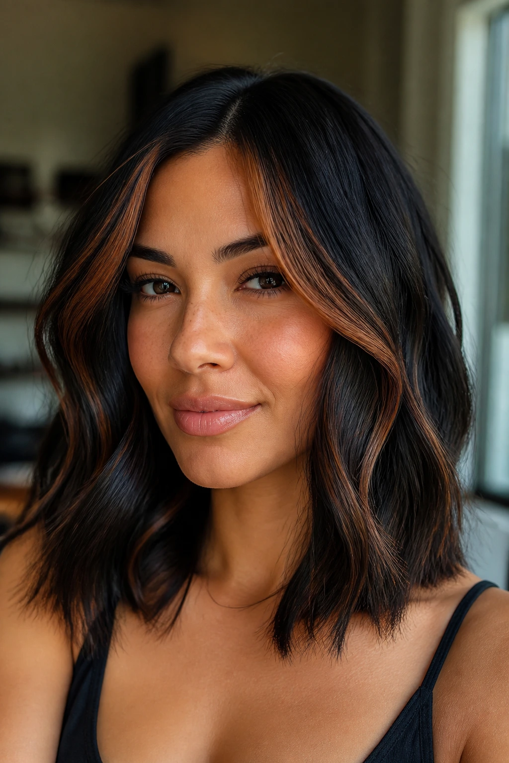 Shoulder-length black hair with copper highlights on a real person