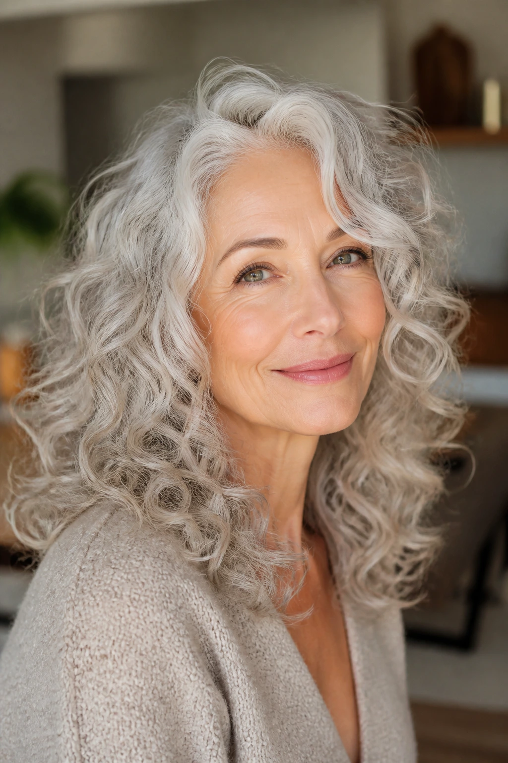Close-up of an older woman with silver curly hair and soft face-framing layers
