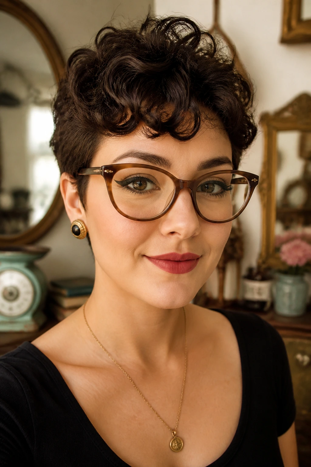 Portrait of a woman with Bettie bangs pixie hairstyle.