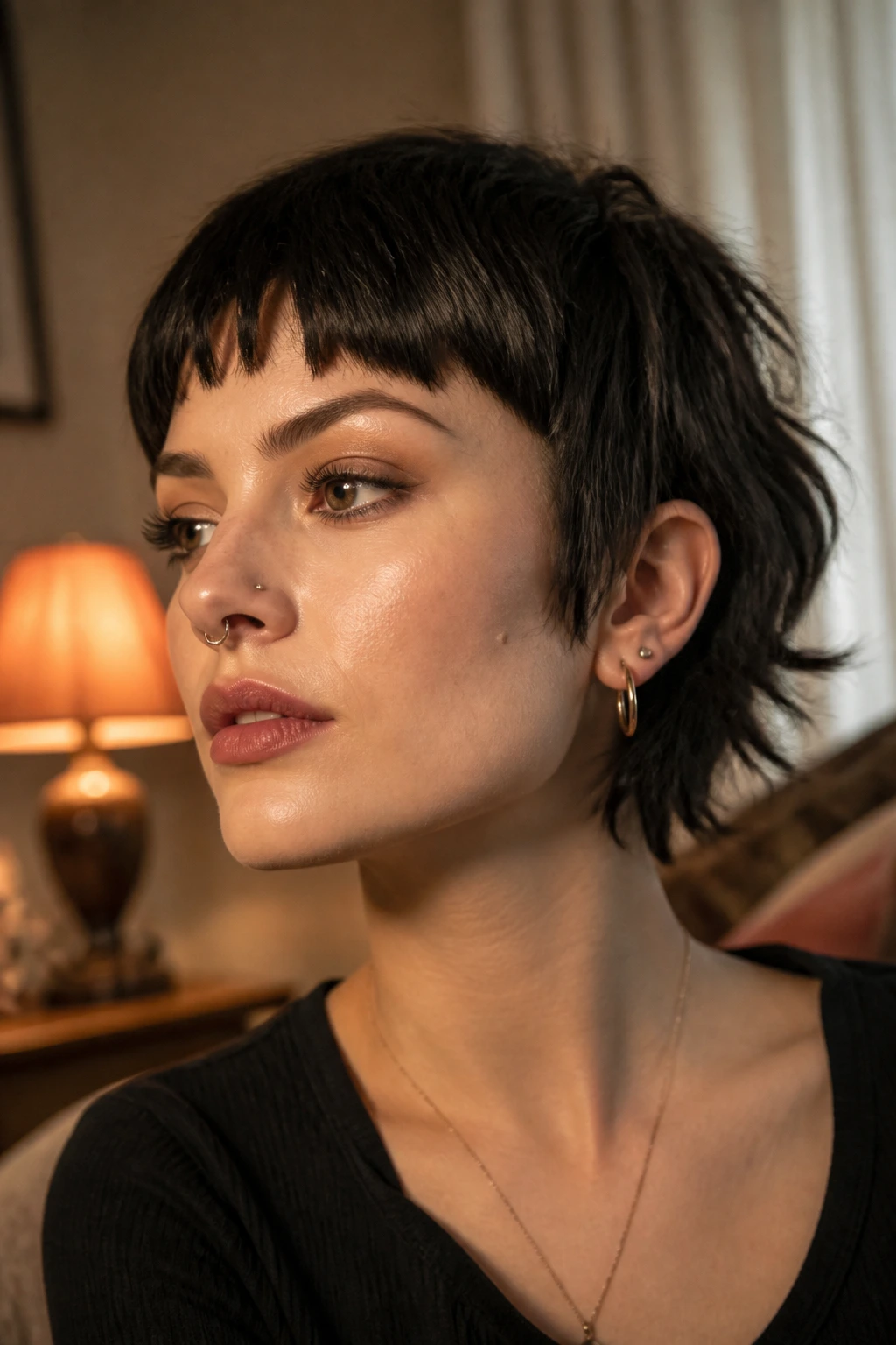 Close-up of Bettie-style broken curve fringe on a real person