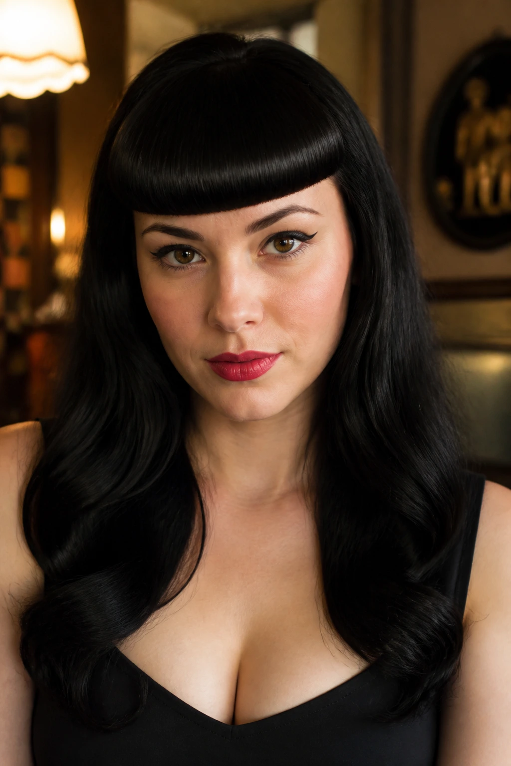 Close-up of a real woman wearing Bettie Page bangs with curved edge