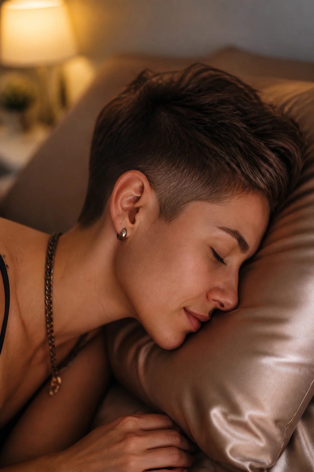 Real person resting head on satin pillow showing preserved hair shape between appointments