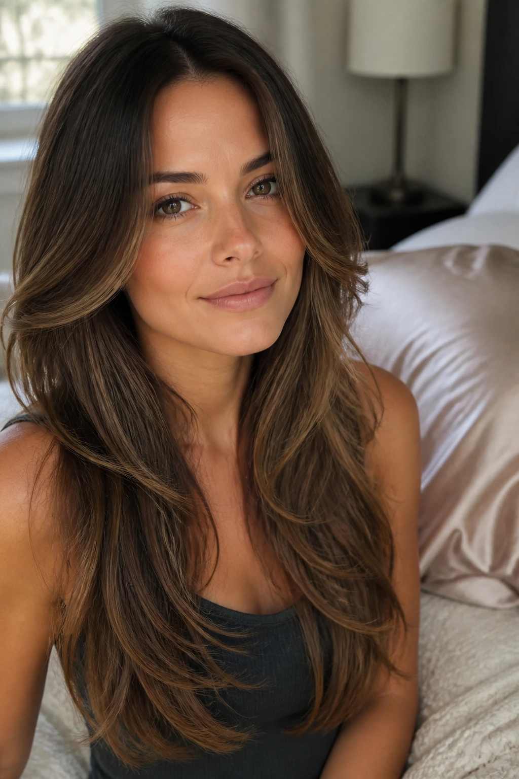 Woman with long layered hair looking polished between trims in bedroom