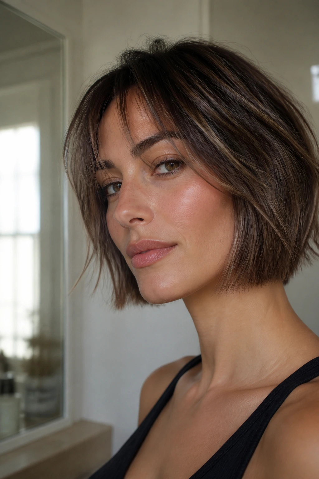 Close-up portrait showing a crisp wispy bob edge for maintenance between trims
