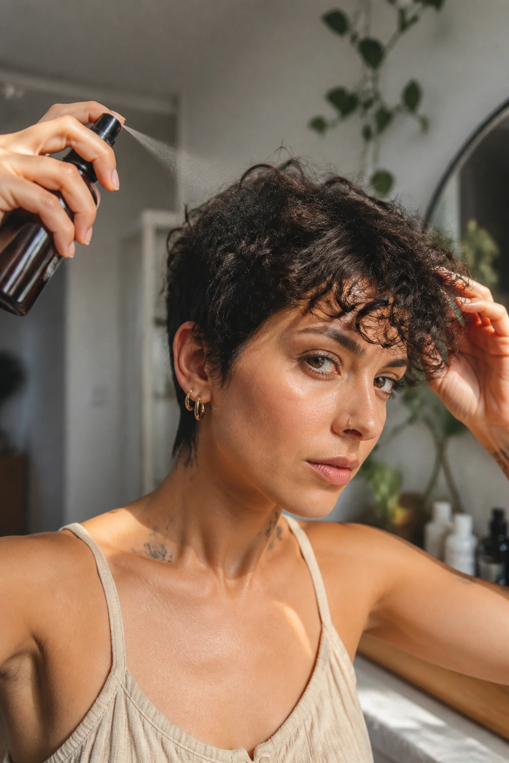Real person maintaining pixie wolf cut at home with spray bottle