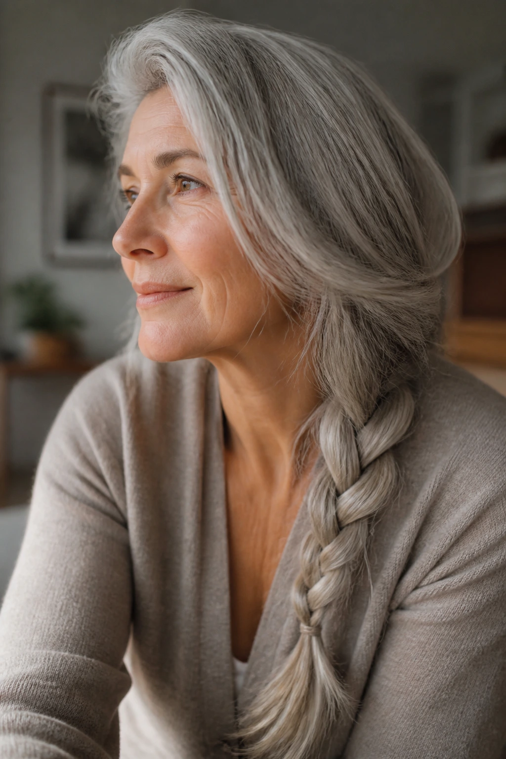 Close-up of long gray hair styled in a loose braid over the shoulder