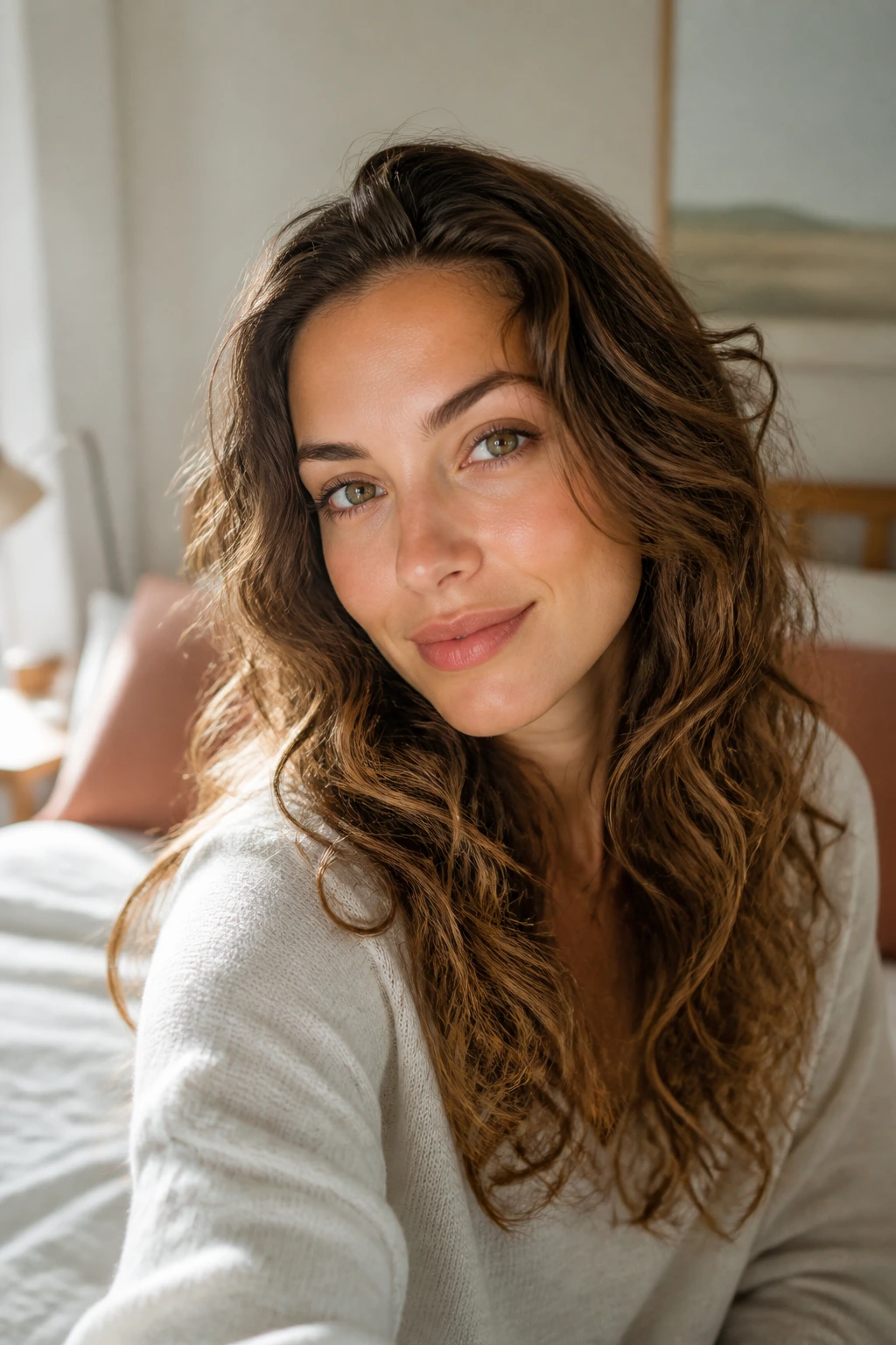 Real person with refreshed, bouncy wavy hair in a sunlit bedroom