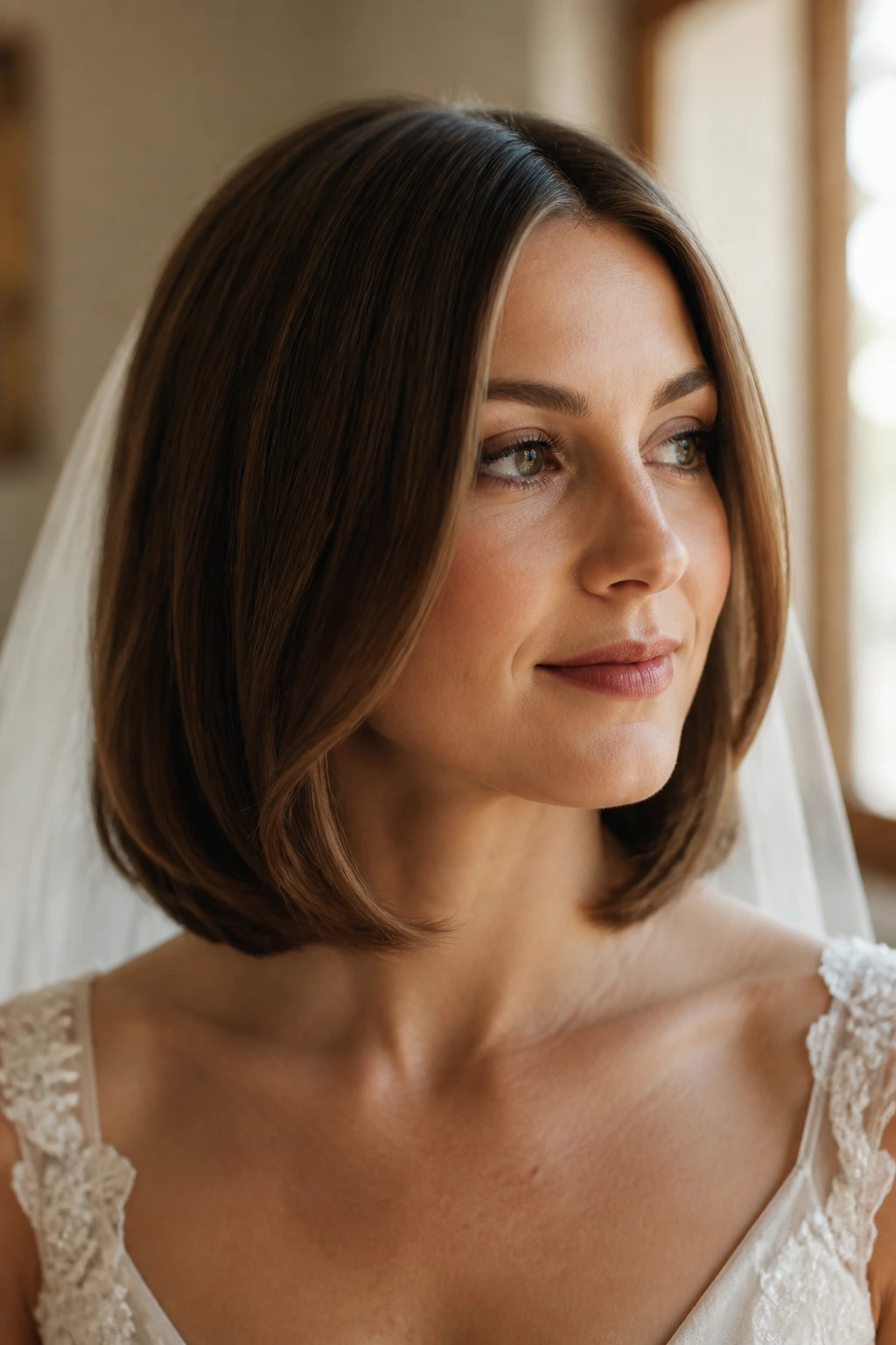Close-up of real bride with beveled midi cut tucking under.