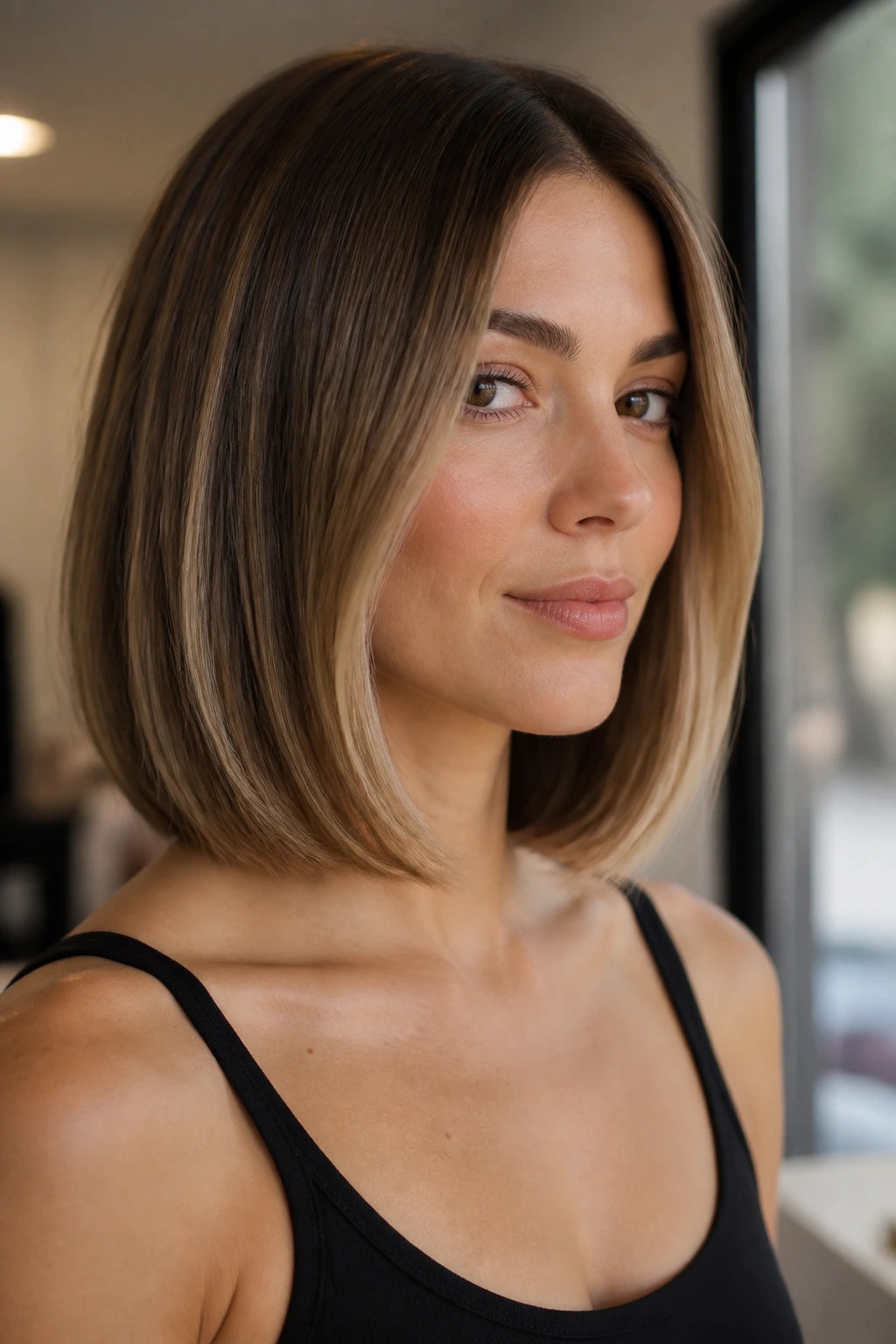 Close-up portrait of a person with a beveled-end lob.