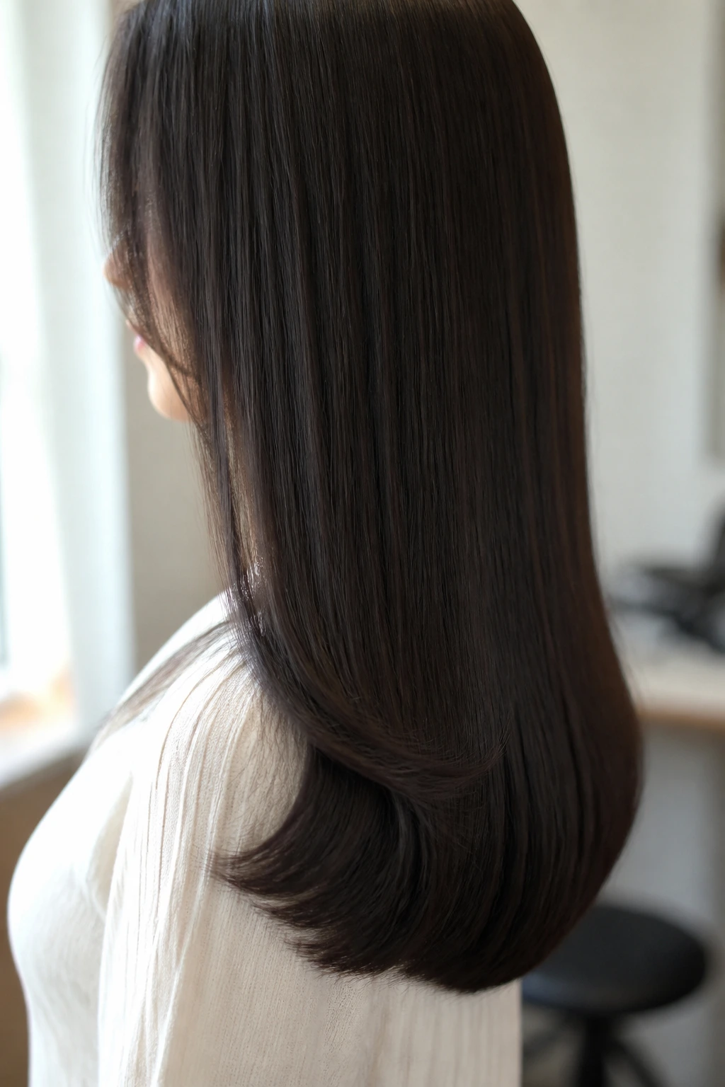 Close-up of a real person with beveled ends on straight hair