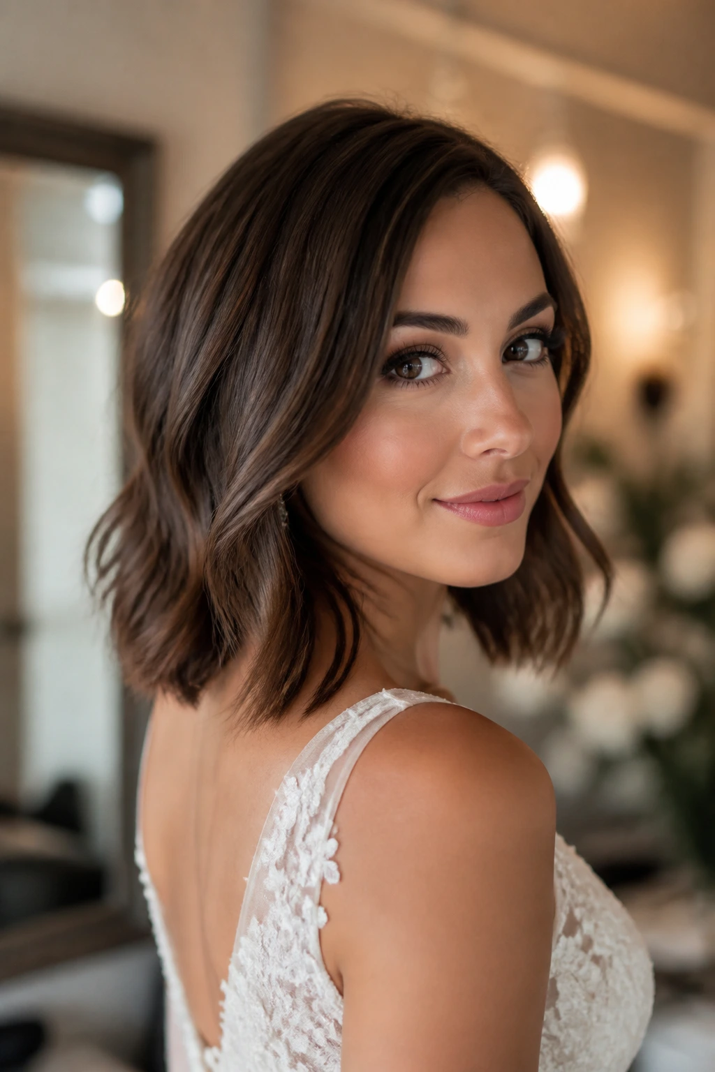 Bride with beveled mid-length lob hairstyle