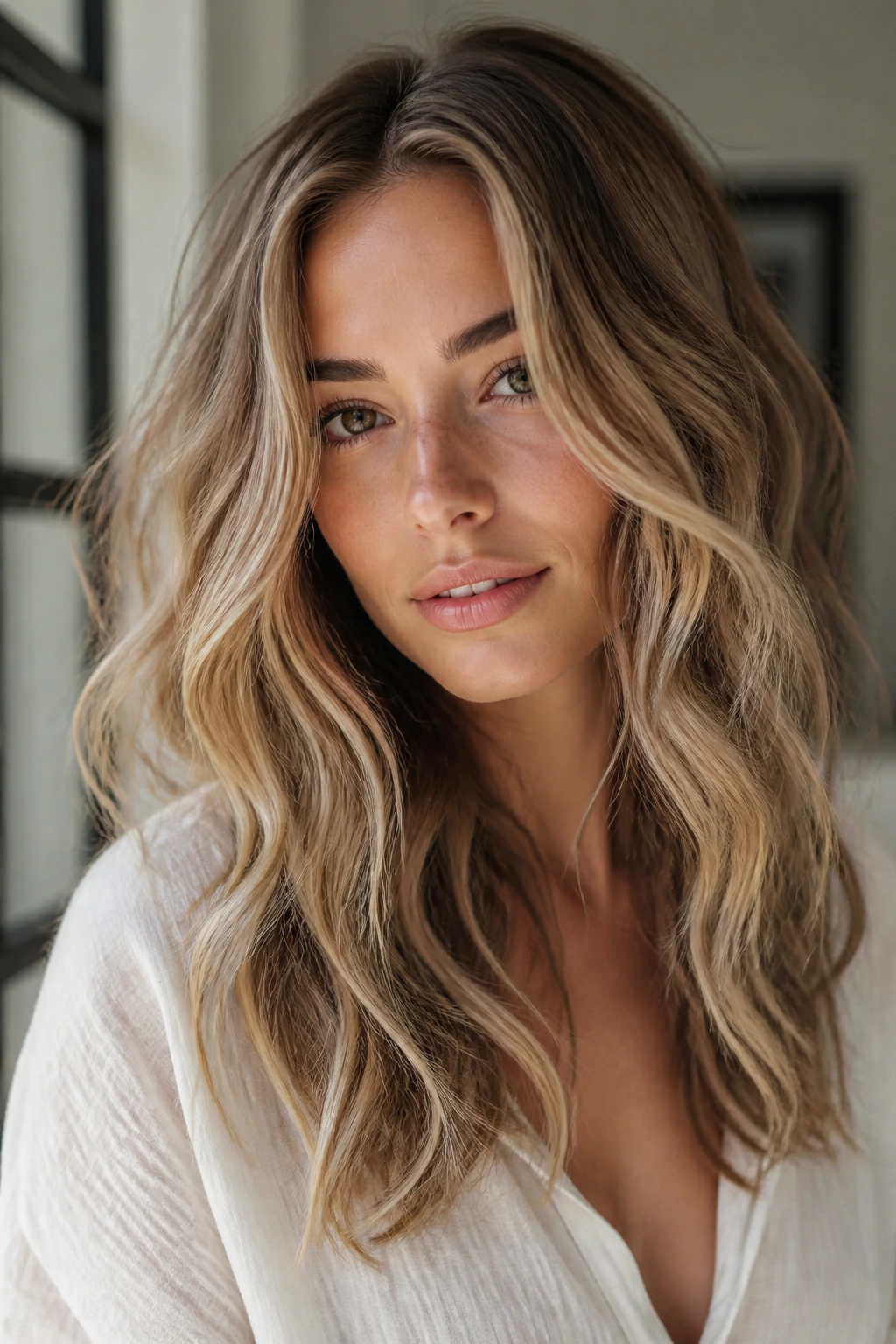 Close-up portrait of a real woman with big-bent waves