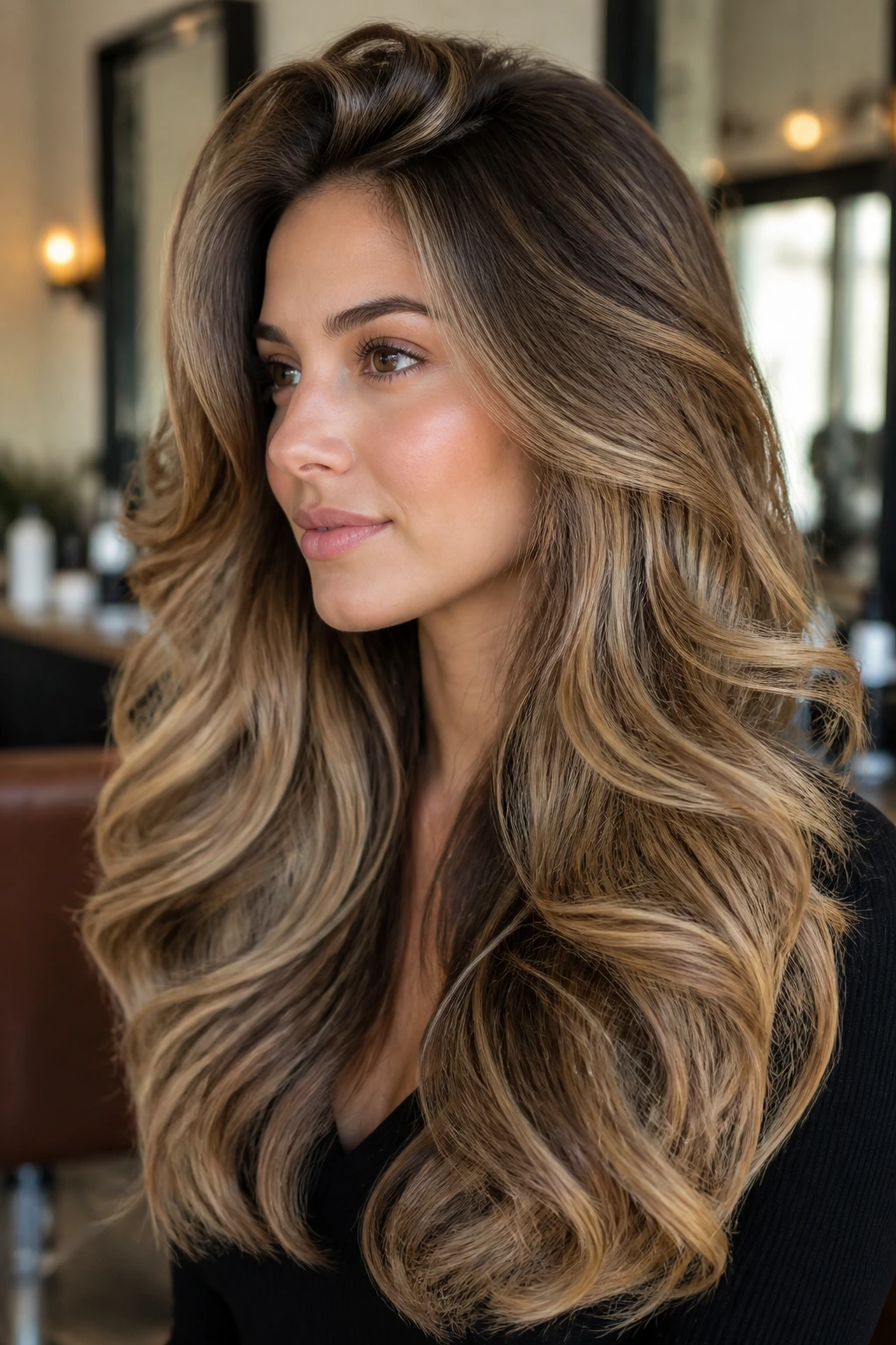Close-up of a real woman with big blowout waves and lifted roots in a salon