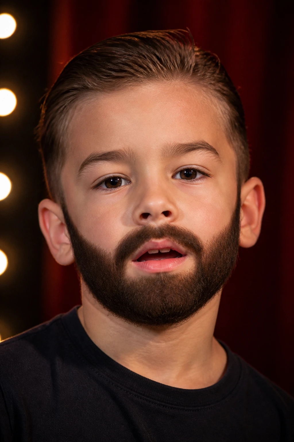 Close-up portrait of a young boy with a fuller matte beard