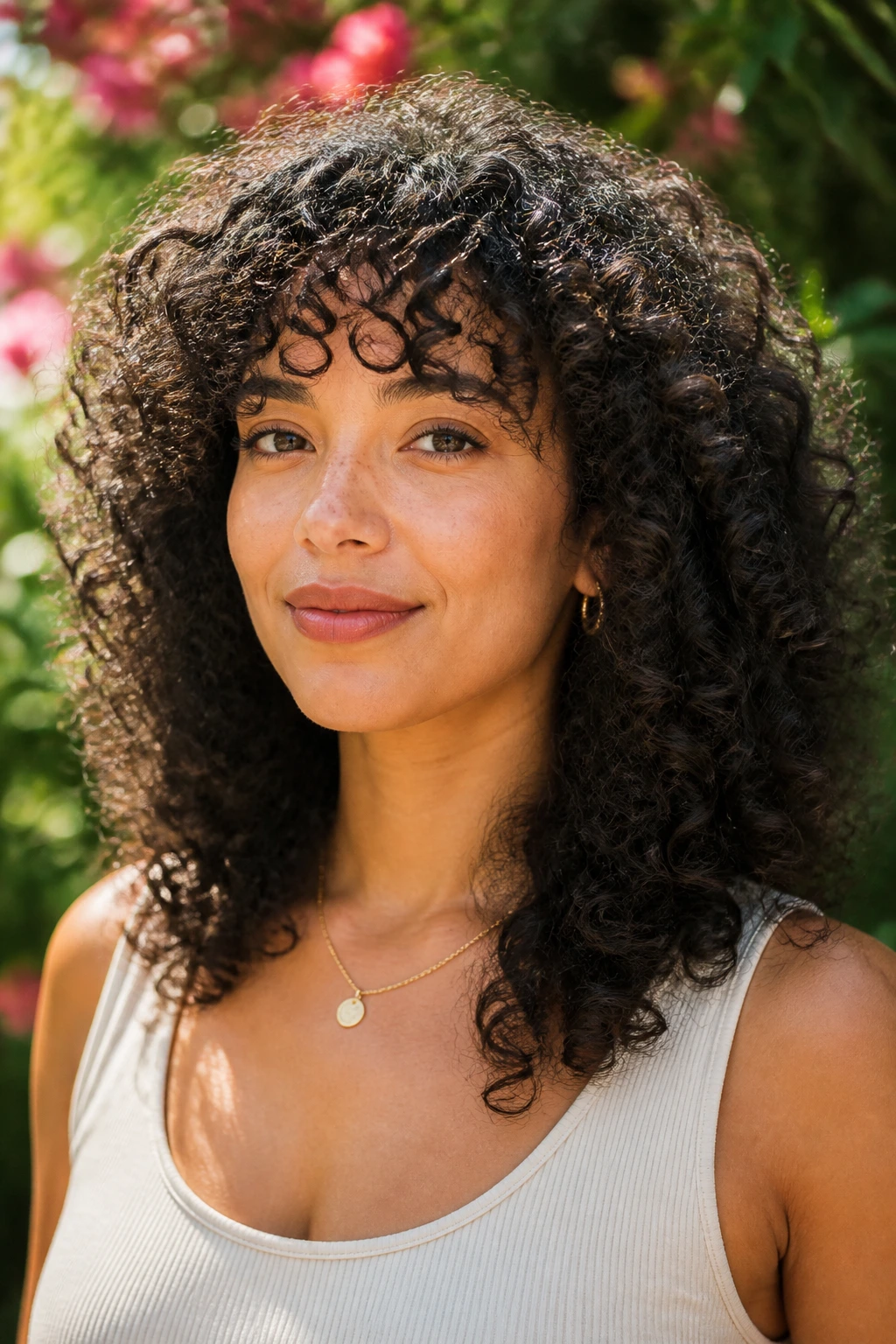 Close-up of a woman with big coil layers and curved bangs in a sunny garden