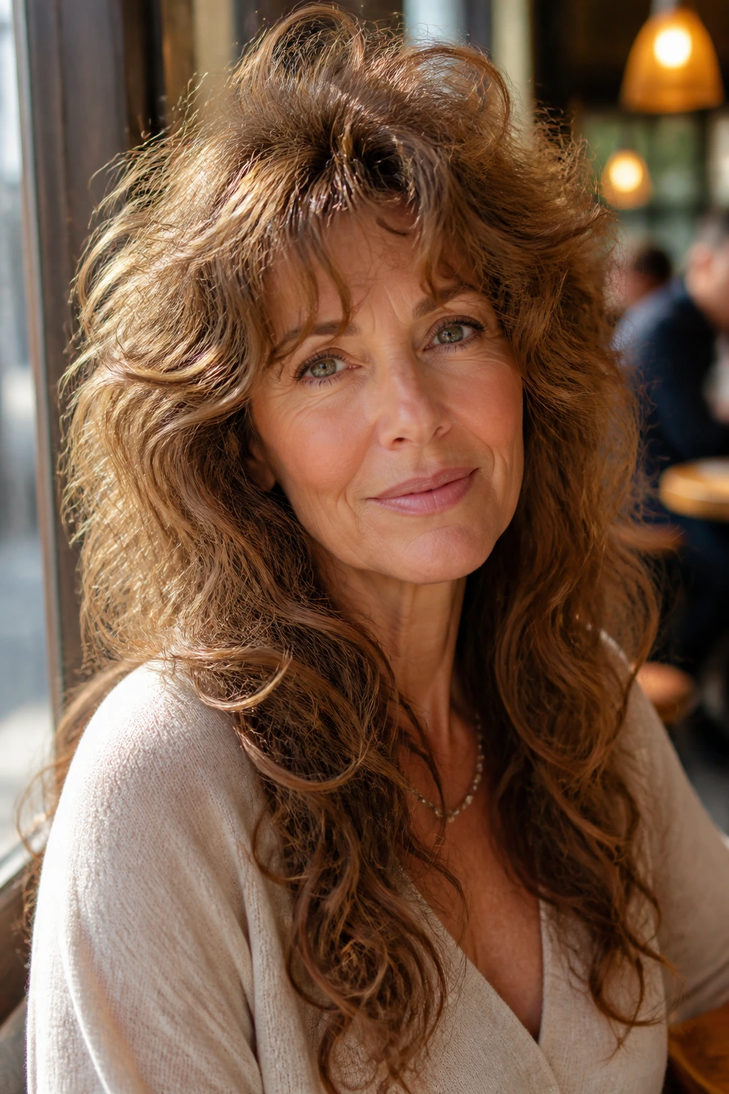 Close-up of real woman with big crown of lifted roots in curly shag