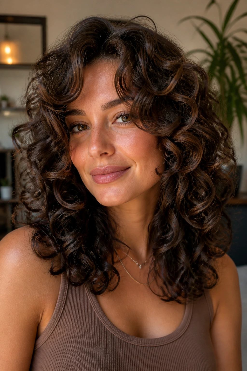 Close-up of a real person with big curl glam shag and long curtain bangs