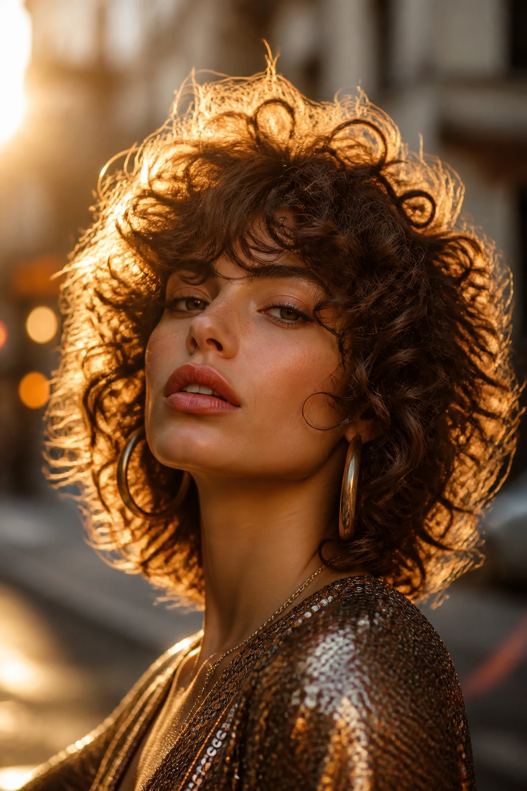 Close-up portrait of a real woman with big-texture disco shag and bold volume around the head.