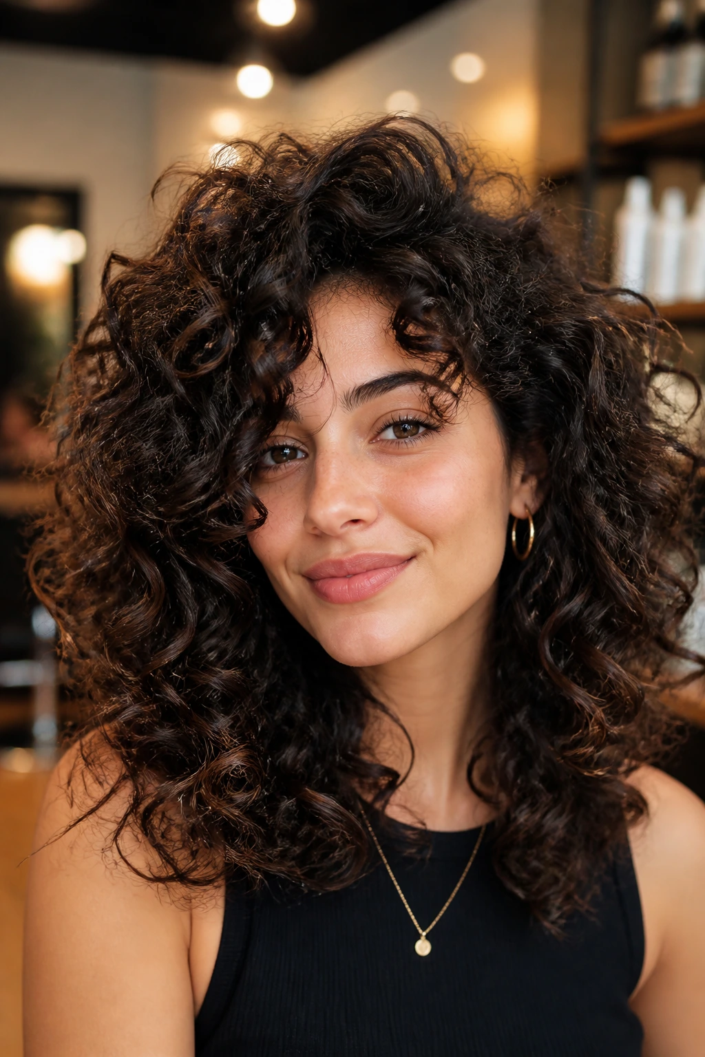 Portrait of a real woman with thick curls showing big-volume version in a salon