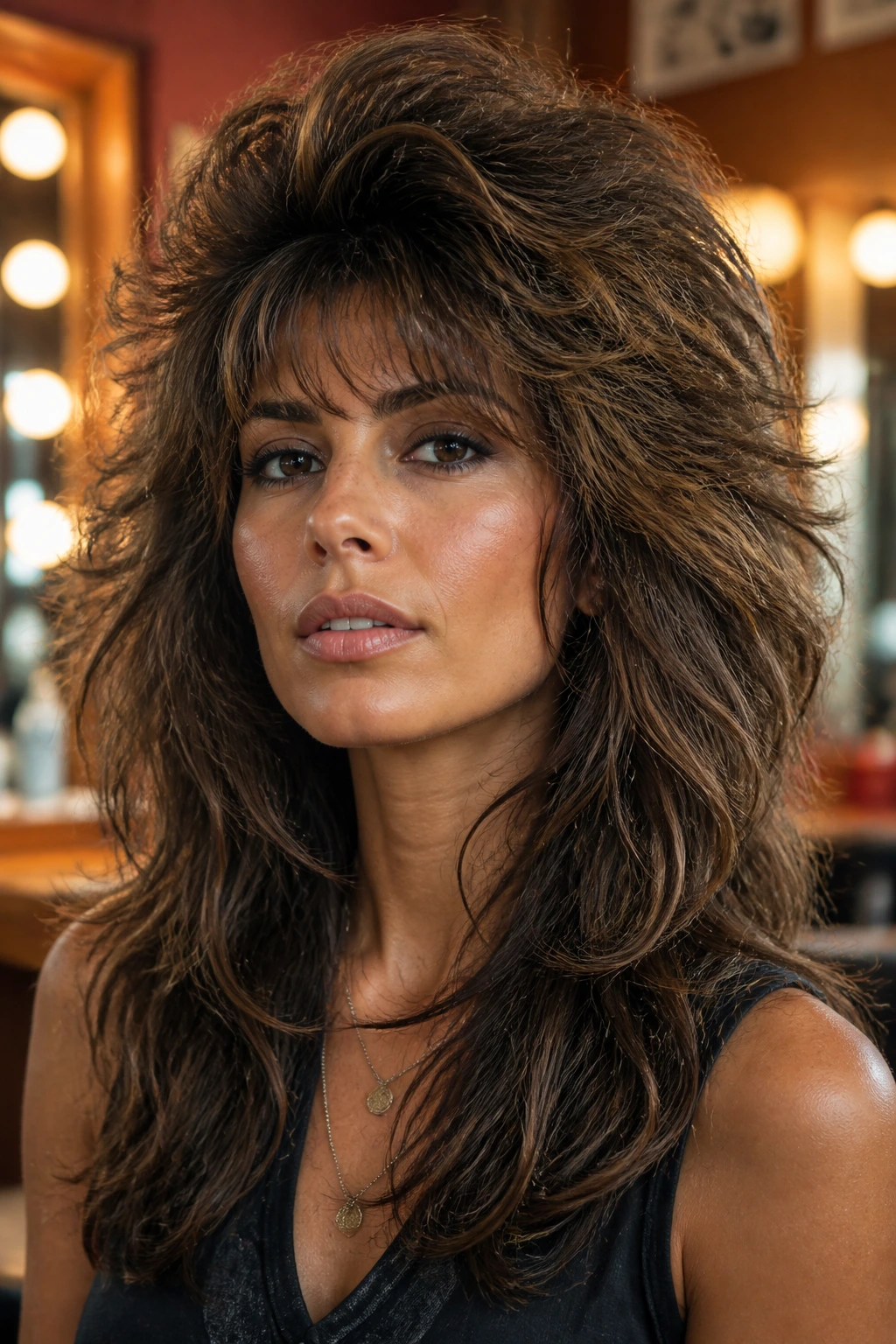 Close-up of a real woman with big-volume crown in an 80s shag at a retro salon