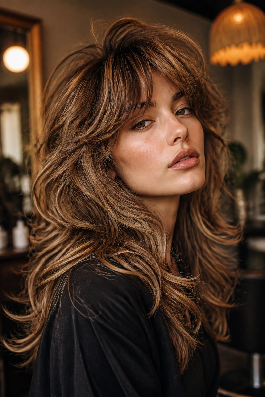 Portrait of a woman with big-volume 90s shag and crown lift in a retro salon.