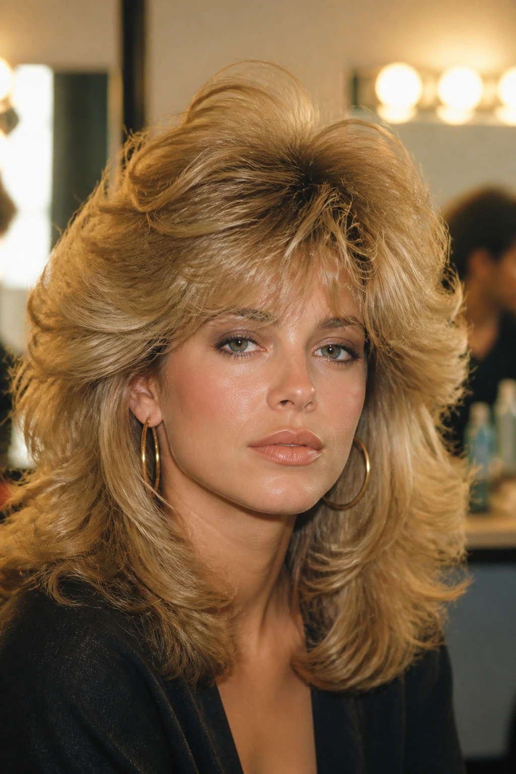 Portrait of a real woman with a Big-Volume Blowout Shag showing lifted crown and curled ends in a retro setting.