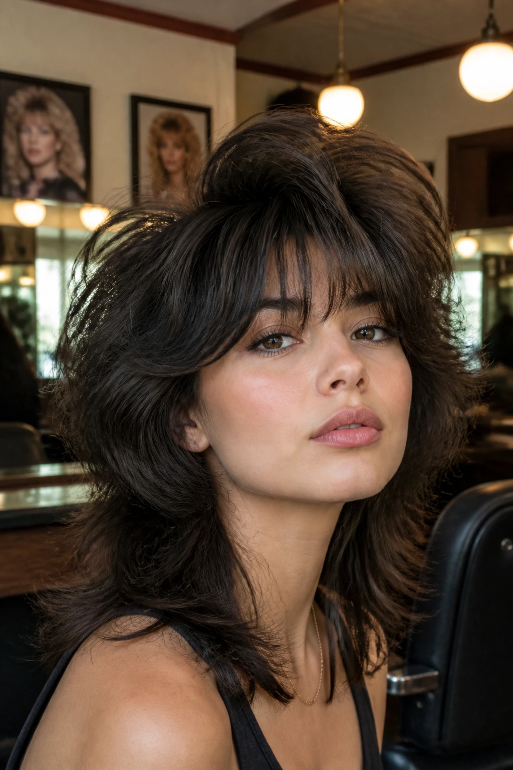 Close-up portrait of a real person with Big-Volume 90s Wolf Cut featuring dramatic crown volume and flipped-out ends
