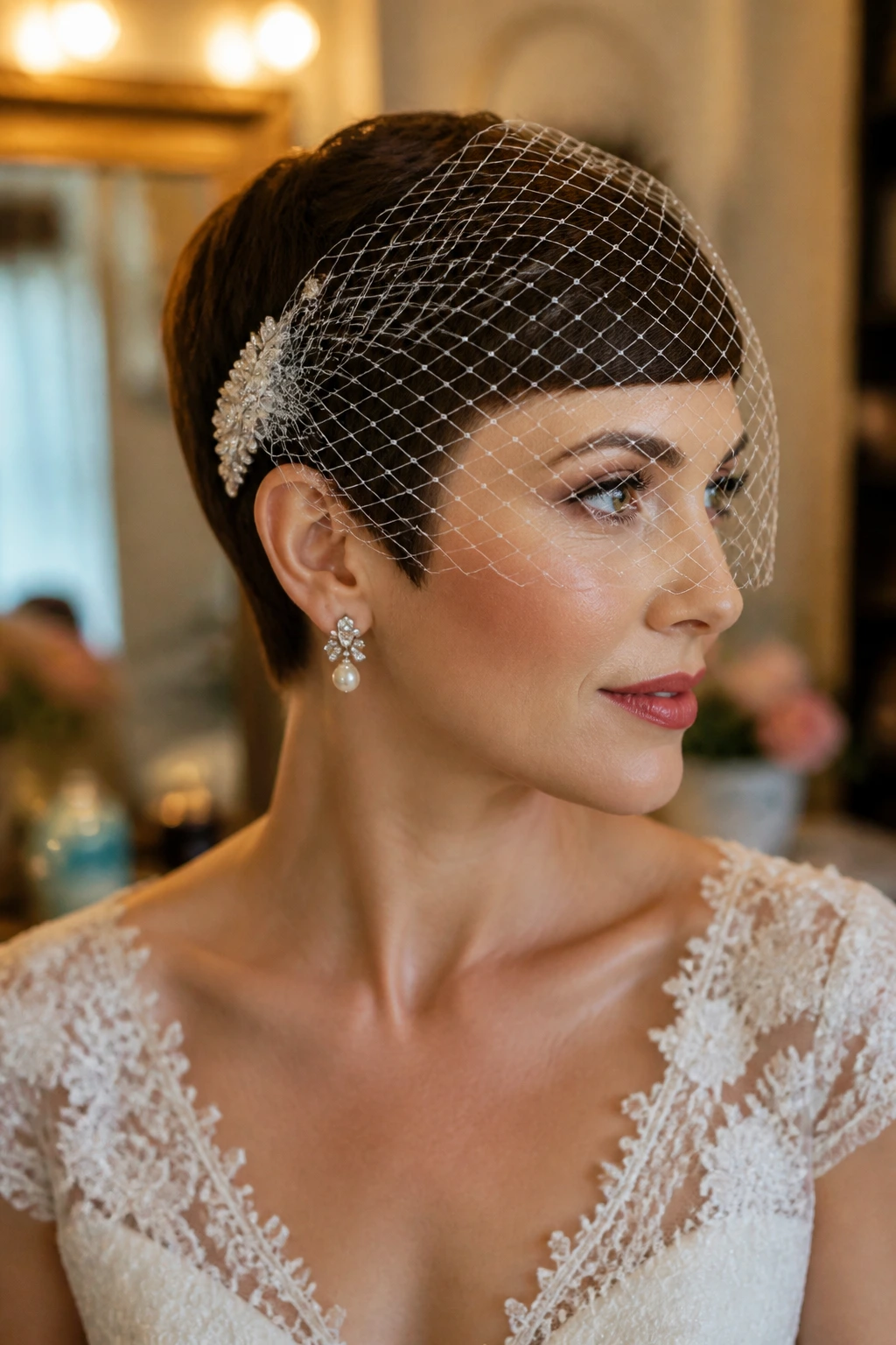 Close-up of a real bride with birdcage veil and pixie