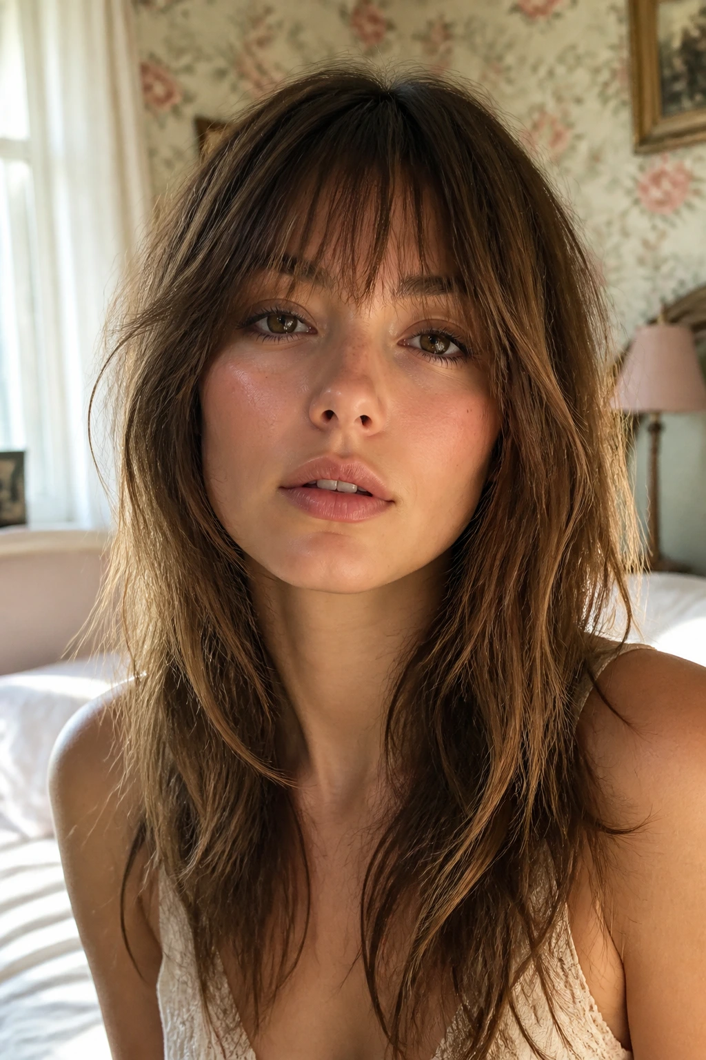 Real person wearing Birkin-Bang shag with soft brow line fringe.