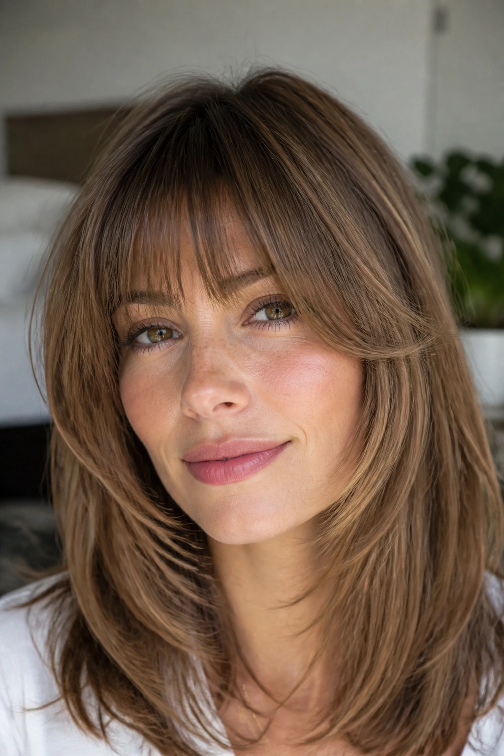 Close-up of a real person with Birkin bangs and airy face-framing layers